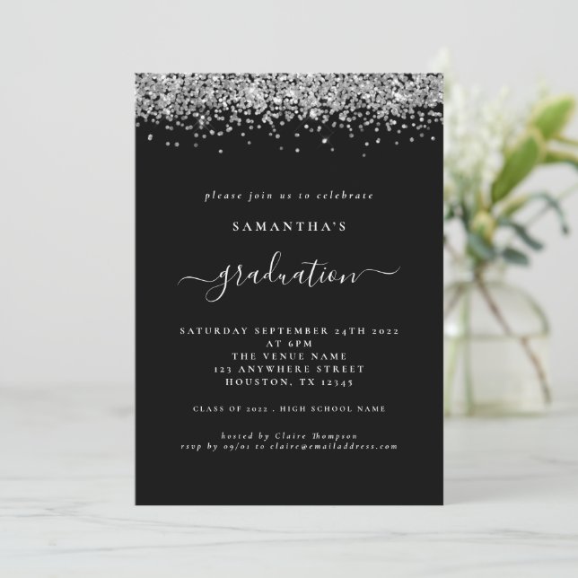Modern Silver Glitter 2024 Graduation Black Invitation (Standing Front)