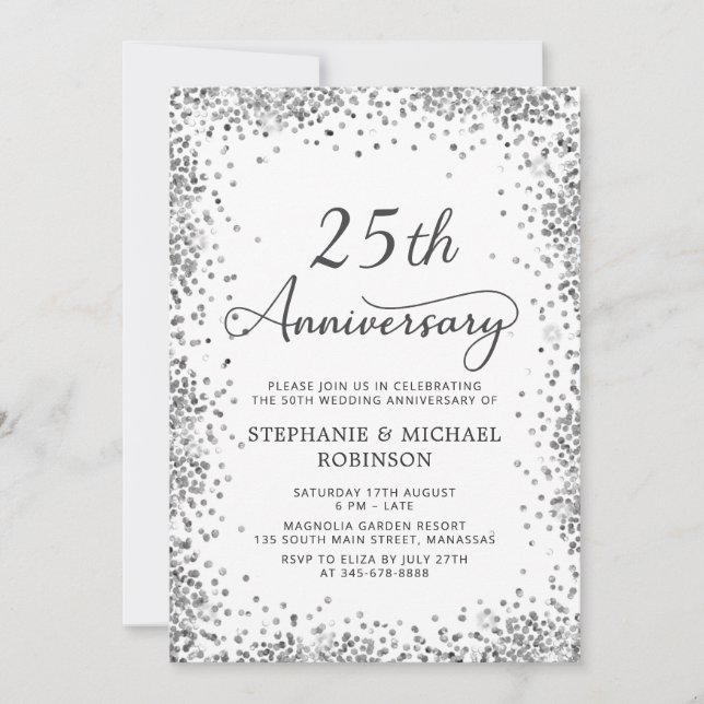 Modern Silver Glitter 25th Wedding Anniversary Invitation (Front)
