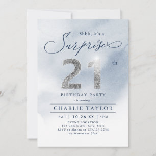 Modern silver glitter adult surprise 21st birthday invitation