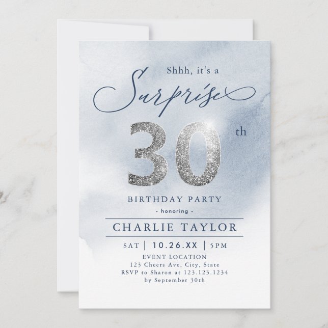 Modern silver glitter adult surprise 30th birthday invitation (Front)