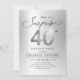 Modern silver glitter adult surprise 40th birthday invitation
