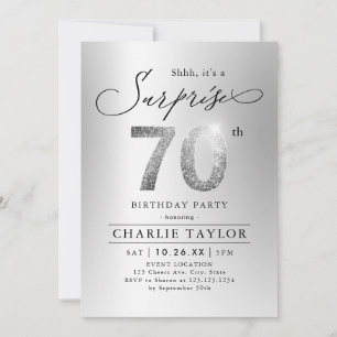 Modern silver glitter adult surprise 70th birthday invitation