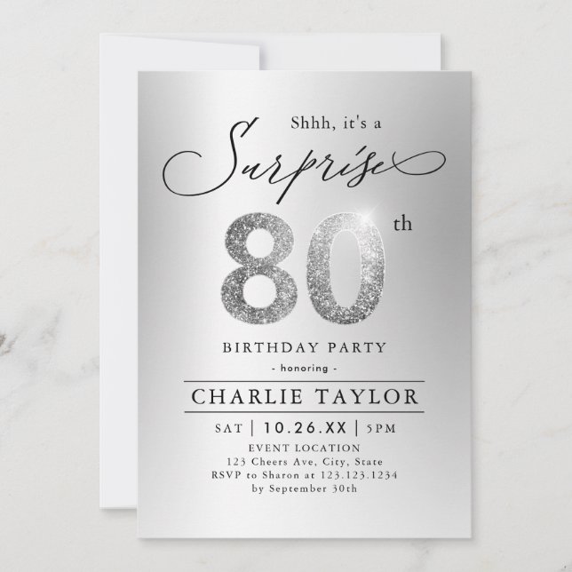 Modern silver glitter adult surprise 80th birthday invitation (Front)