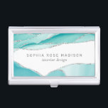 Modern Silver Glitter Agate Teal Mint Business Card Holder<br><div class="desc">A chic business card case with watercolors of teal mint green agate geodes with veins of faux silver glitter. Your name and details are in a soft grey typography to match the mood of the geodes.</div>