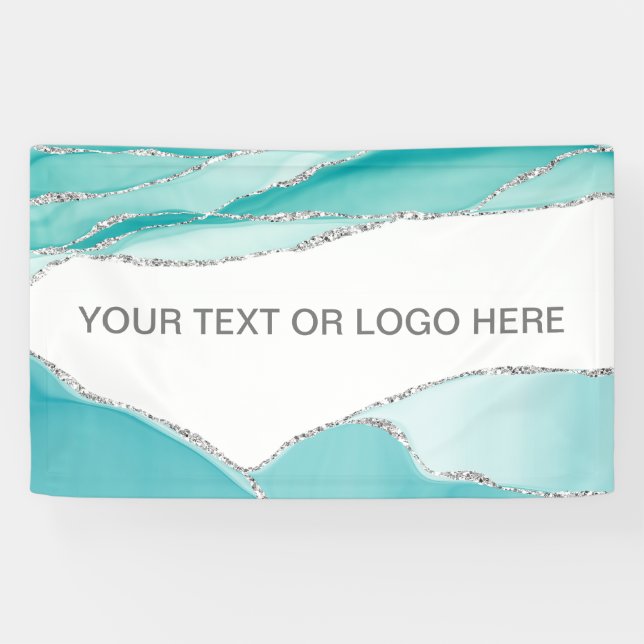 Modern Silver Glitter Agate Teal Mint Watercolor Banner (Horizontal)