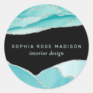 Modern Silver Glitter Agate Teal Watercolor Black Classic Round Sticker