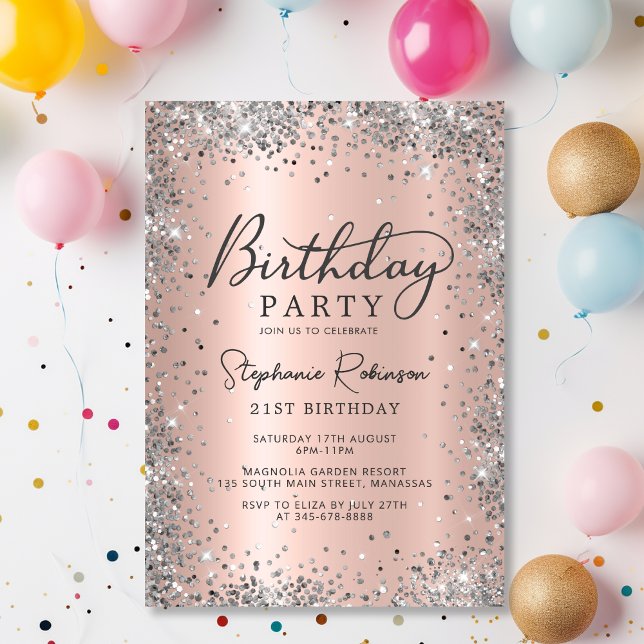 Modern Silver Glitter and Rose Gold 21st Birthday  Invitation (Creator Uploaded)