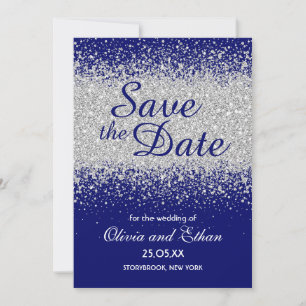 Modern Silver Glitter and Royal Blue Save The Date