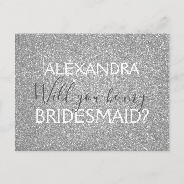 Modern Silver Glitter and Sparkle Bridesmaid Invitation Postcard (Front)