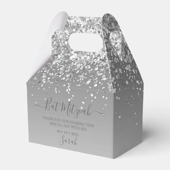Modern Silver Glitter Bat Mitzvah Favour Box (Front Side)