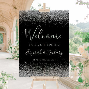 Modern Silver Glitter Black Wedding Welcome Acrylic Sign