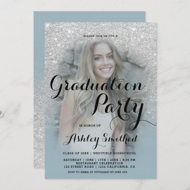 Modern silver glitter blue ombre photo graduation invitation (Front/Back)