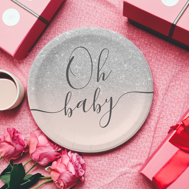 Modern silver glitter blush pink Oh Baby shower Paper Plate (Modern silver glitter blush pink Oh Baby shower Paper Plates)
