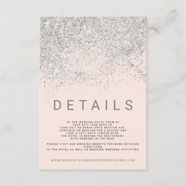 Modern silver glitter blush pink wedding detail enclosure card (Front)