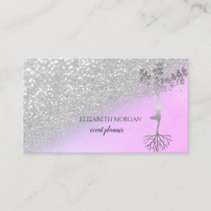 Modern Silver Glitter Bokeh Tree Women Silhouette Business Card