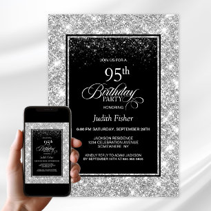 Modern Silver Glitter Border Black 95th Birthday Invitation