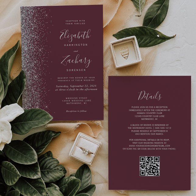 Modern Silver Glitter Burgundy QR Code Wedding Invitation (Creator Uploaded)