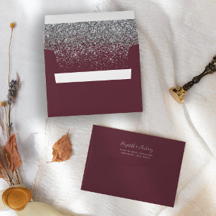 Modern Silver Glitter Burgundy Wedding Envelope