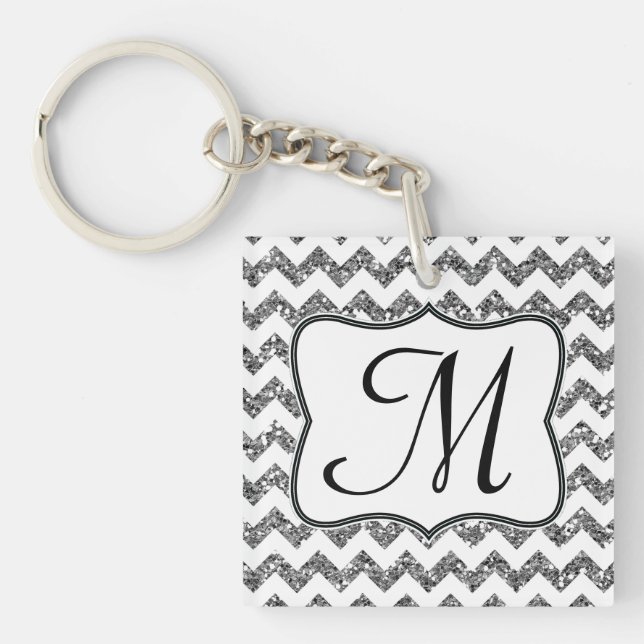 Modern Silver Glitter Chevron Zig Zag Key Chain (Front)