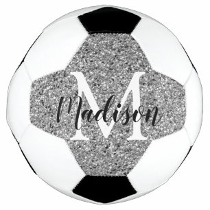 Modern Silver Glitter Chic Monogram Name Soccer Ball