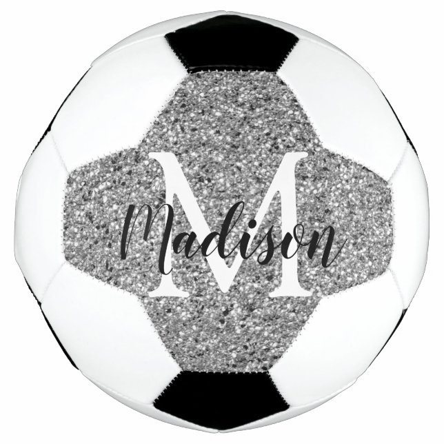 Modern Silver Glitter Chic Monogram Name Soccer Ball (Front)