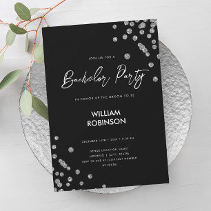 Modern Silver Glitter Confetti Bachelor Party Invitation