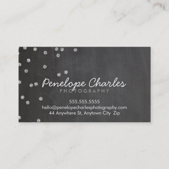 MODERN silver glitter confetti dots chalkboard Business Card (Front)