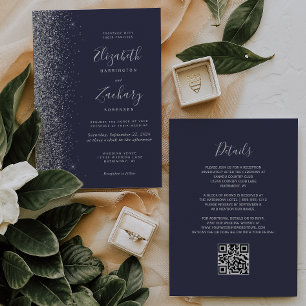 Modern Silver Glitter Dark Blue QR Code Wedding Invitation