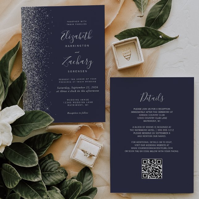 Modern Silver Glitter Dark Blue QR Code Wedding Invitation (Creator Uploaded)