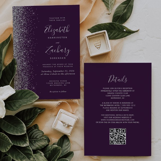 Modern Silver Glitter Dark Purple QR Code Wedding Invitation (Creator Uploaded)