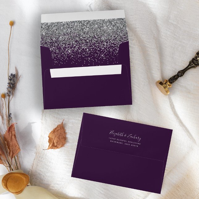 Modern Silver Glitter Dark Purple Wedding Envelope (Creator Uploaded)