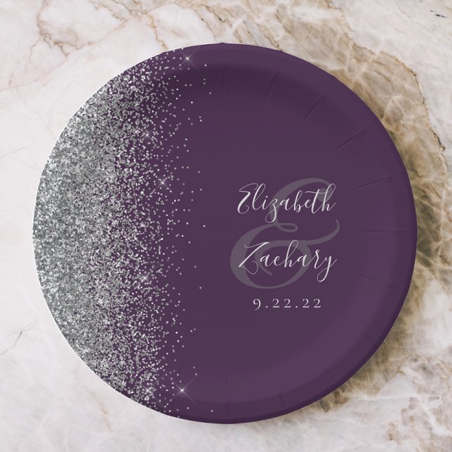 Modern Silver Glitter Dark Purple Wedding Paper Plate (Creator Uploaded)