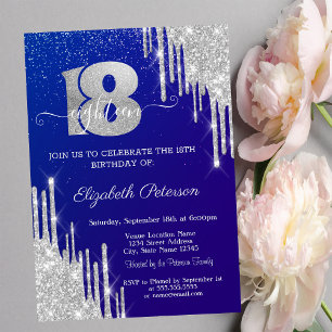 Modern Silver Glitter Drips Blue 18th Birthday  Invitation
