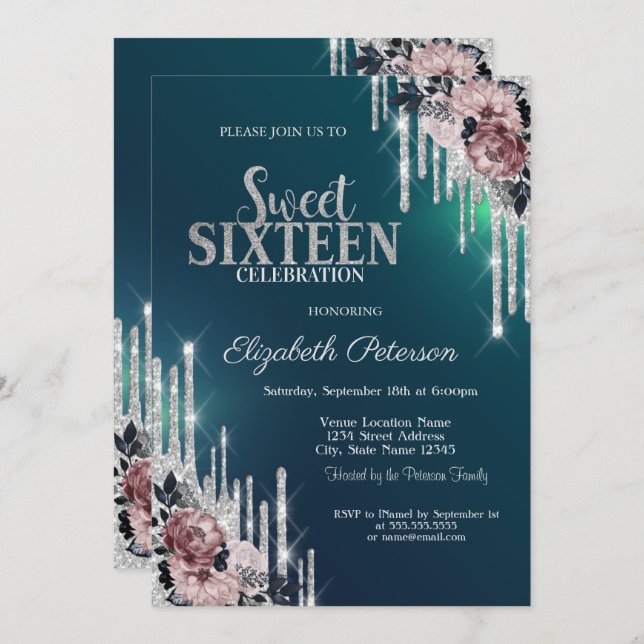 Modern Silver Glitter Drips Flowers Sweet 16  Invitation (Front/Back)