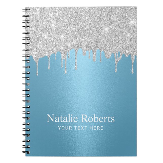 Modern Silver Glitter Drips Light Blue Notebook (Front)