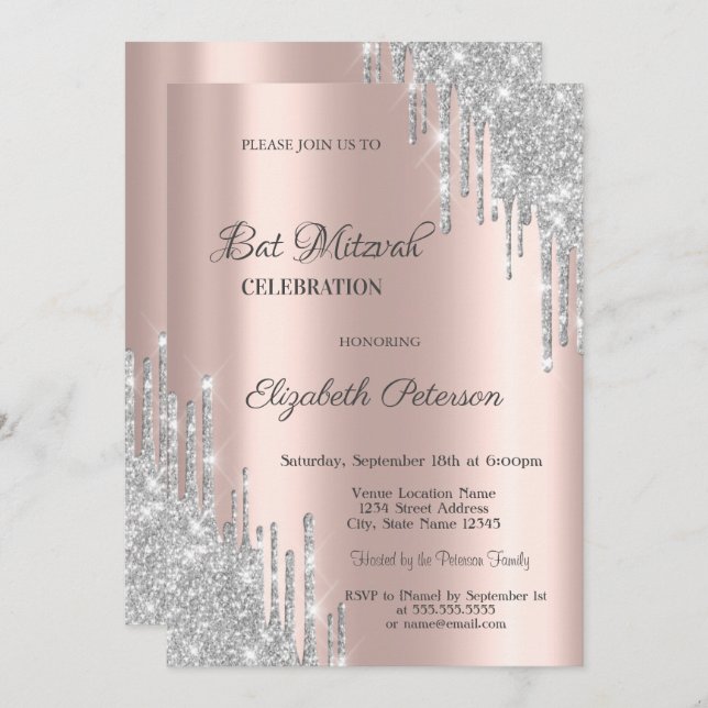 Modern Silver Glitter Drips Rose Gold Bar Mitzvah Invitation (Front/Back)
