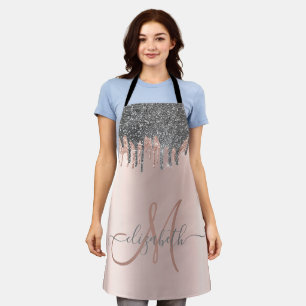 Modern Silver Glitter Drips Rose Gold  Monogram Apron