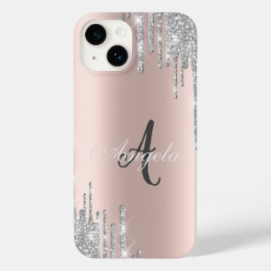 Modern Silver Glitter Drips, Rose Gold,Monogram  Case-Mate iPhone 14 Case