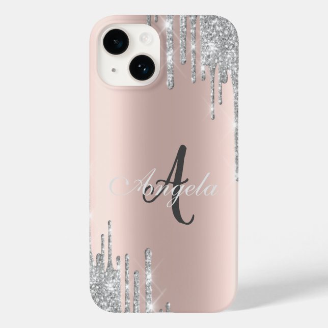 Modern Silver Glitter Drips, Rose Gold,Monogram  Case-Mate iPhone Case (Back)