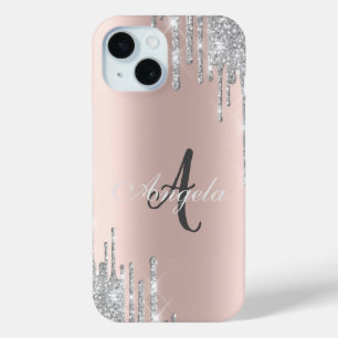 Modern Silver Glitter Drips, Rose Gold,Monogram iPhone 15 Case
