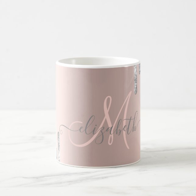 Modern Silver Glitter Drips Rose Gold Monogram  Coffee Mug (Center)