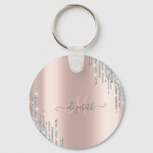 Modern Silver Glitter Drips Rose Gold Monogram   Key Ring