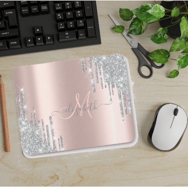 Modern Silver Glitter Drips Rose Gold Monogram Mouse Pad (Creator Uploaded)