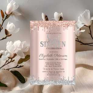 Modern Silver Glitter Drips Rose Gold Sweet 16 Invitation