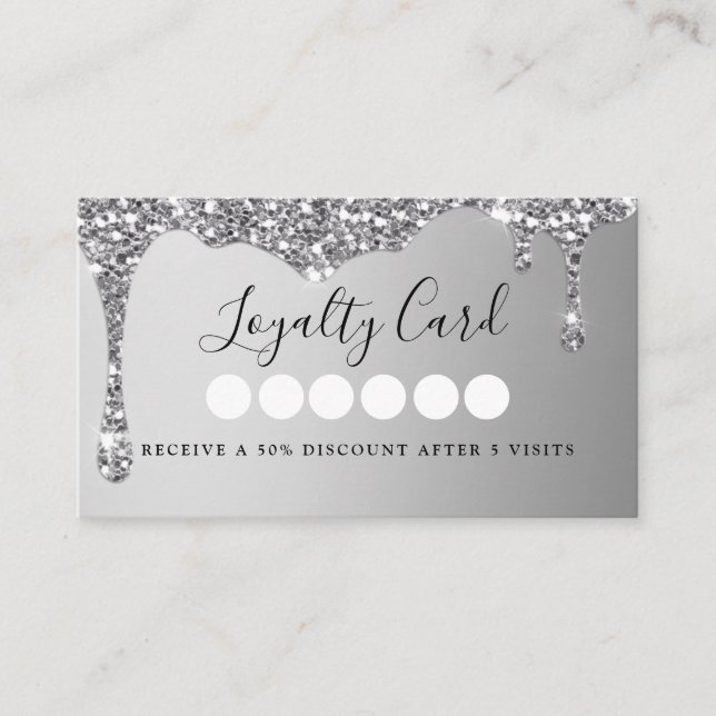 Modern Silver Glitter Drop Salon & Spa Loyalty Business Card (Front)