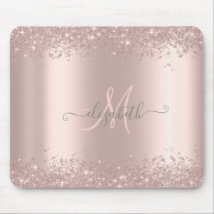 Modern Silver Glitter Dust Rose Gold Monogram Mouse Pad