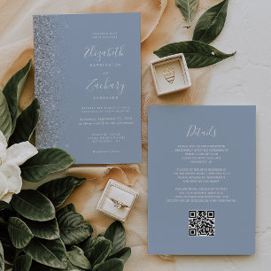 Modern Silver Glitter Dusty Blue QR Code Wedding Invitation