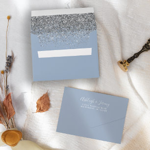 Modern Silver Glitter Dusty Blue Wedding Envelope