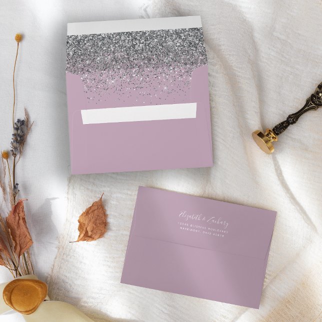 Modern Silver Glitter Dusty Purple Wedding Envelope (Creator Uploaded)