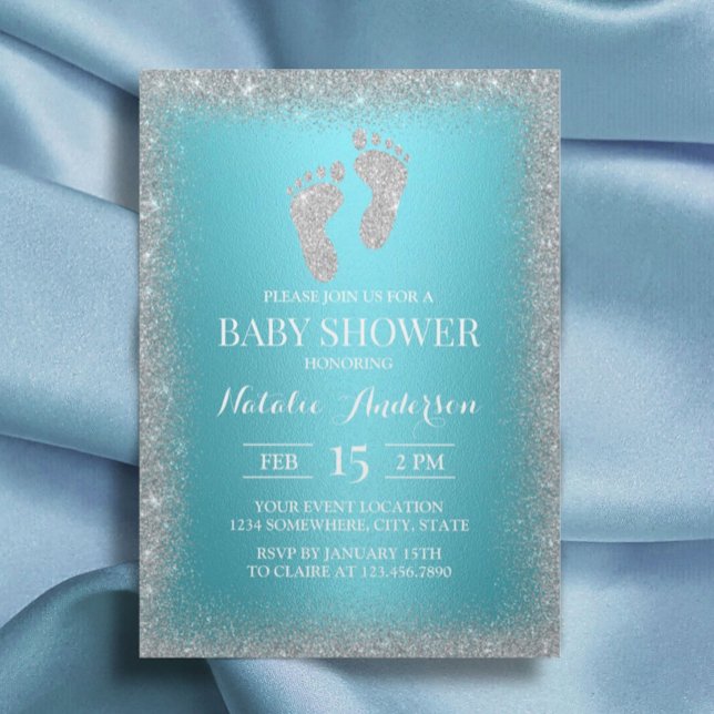Modern Silver Glitter Feet Turquoise Baby Shower Invitation (Creator Uploaded)
